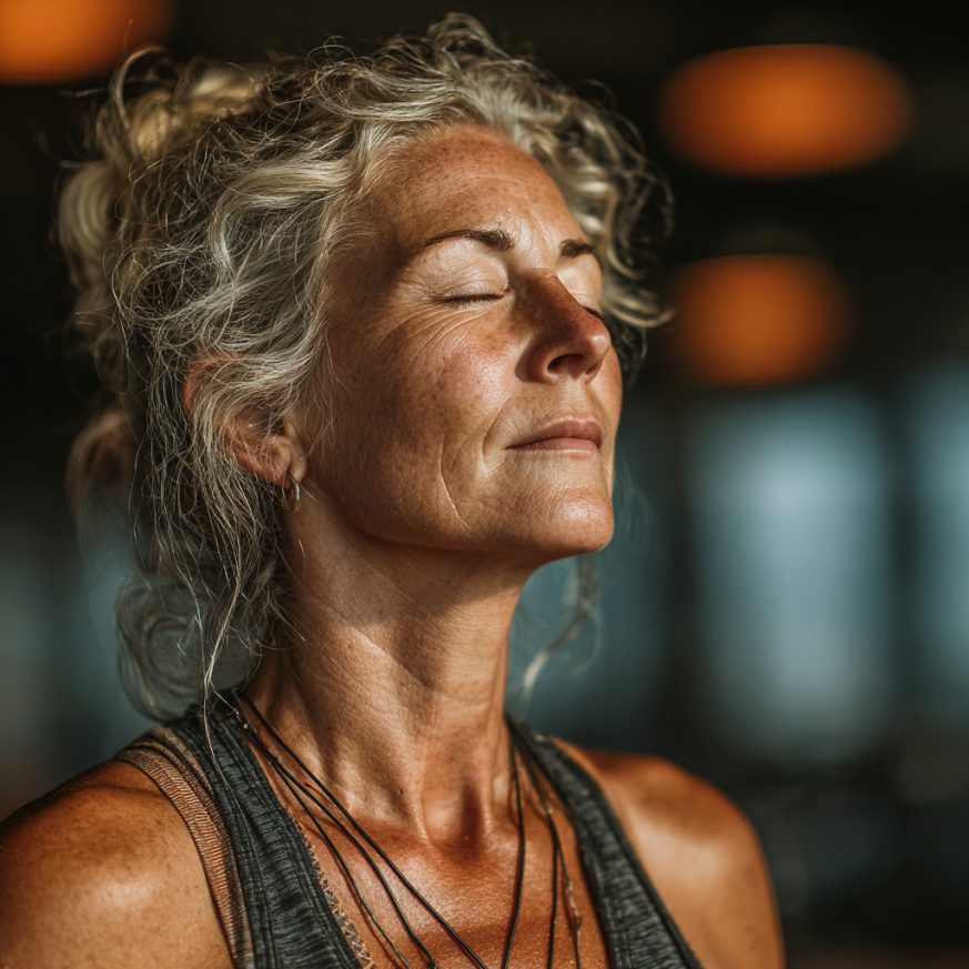 Літня жінка практикує йогу на природі